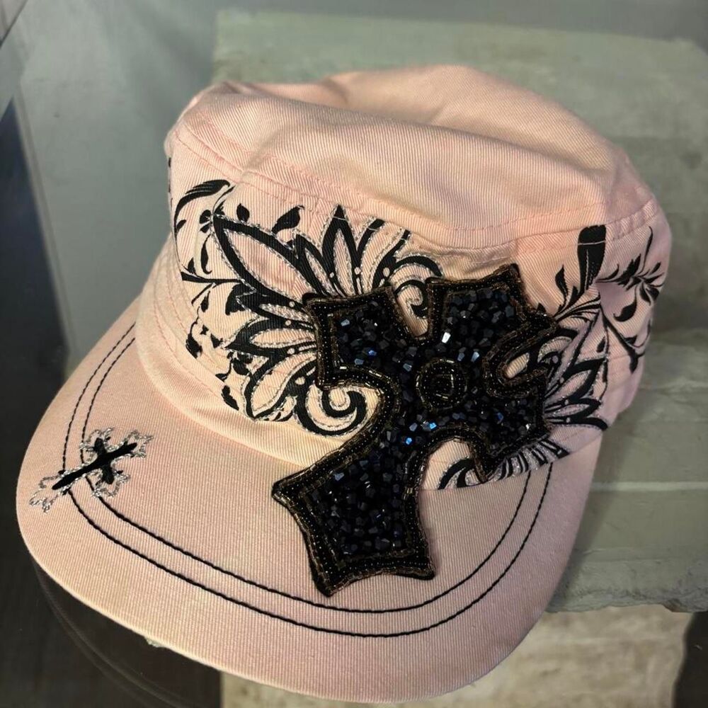 Vintage kbethos Y2K Pink Rhinestone Cross Cadet Style Cap